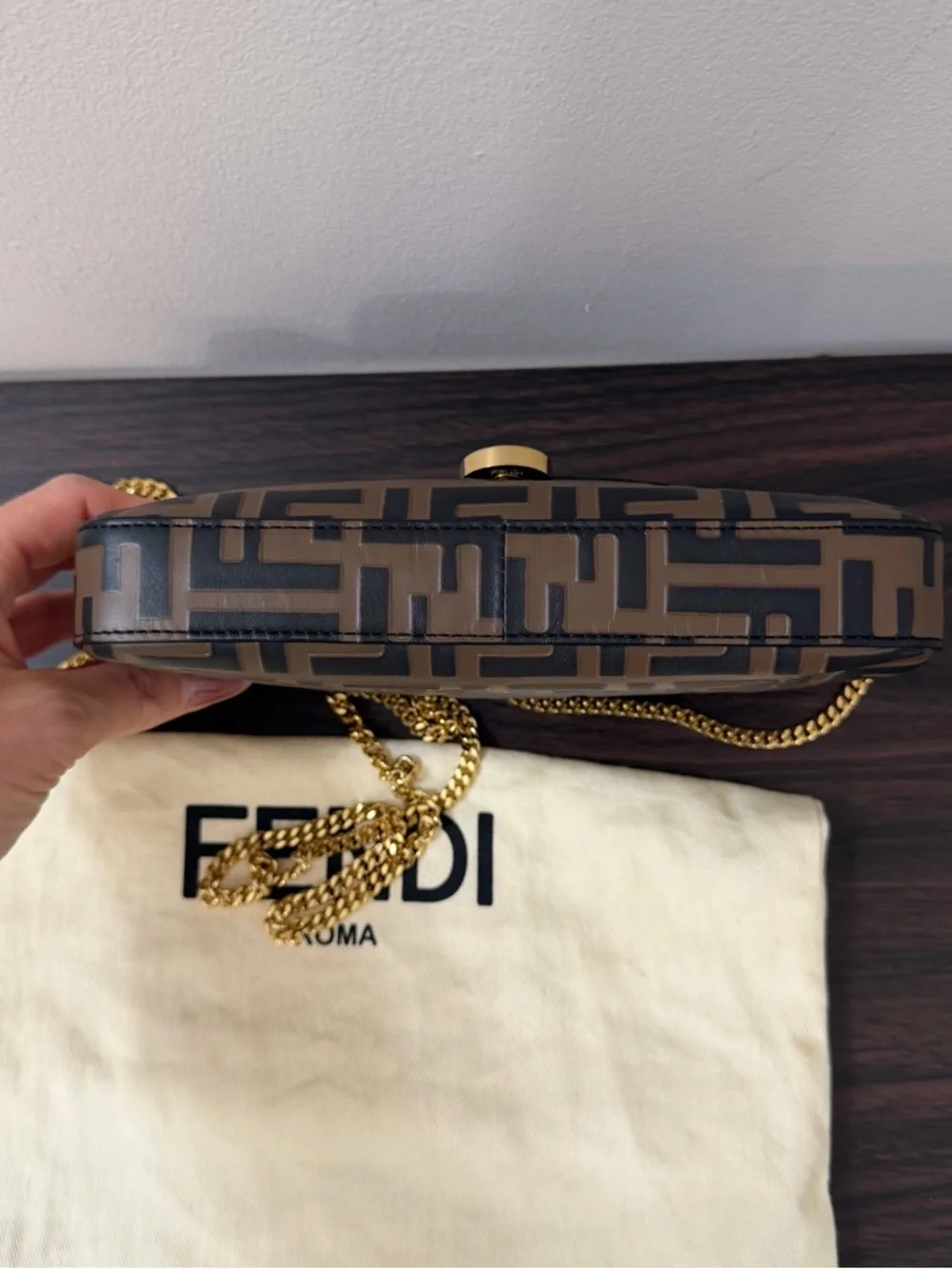 Fendi FF Zucca Wallet on Chain Brown Bicolor Gold Chain WOC 8BS032 - Picture 14 of 14